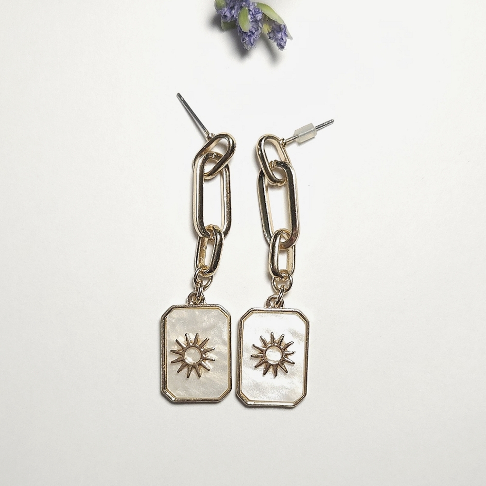 Golden Sun Burst & Mother of Pearl Chain Dangle Earrings